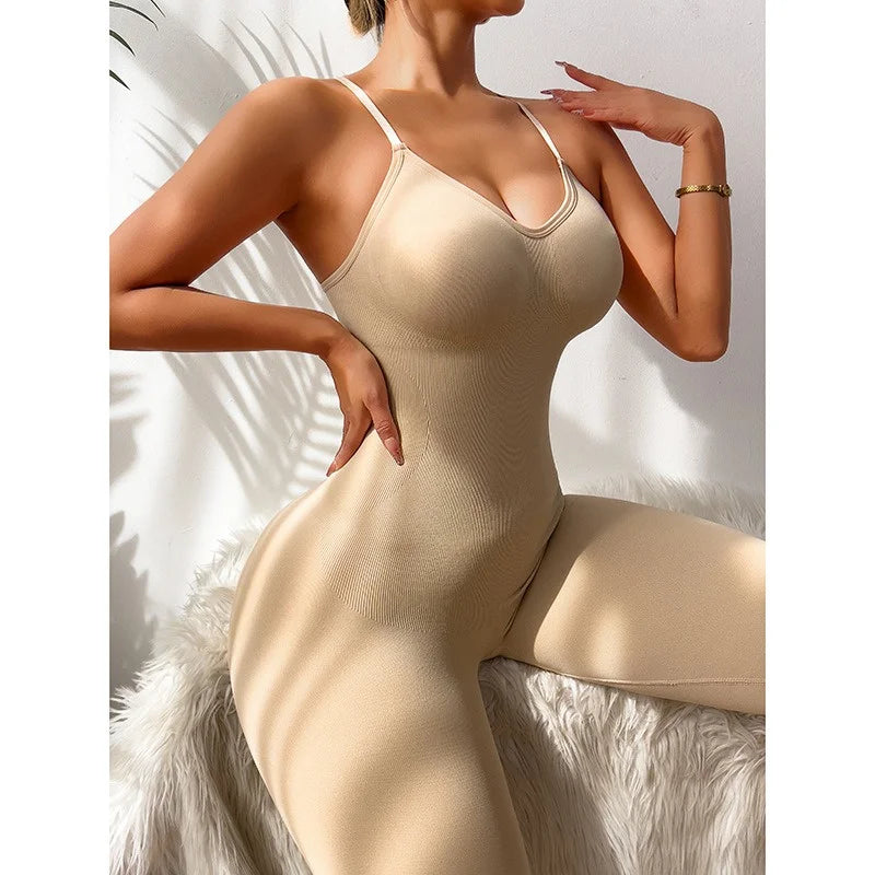 GUUDIA Adjustable Spaghetti Strap Yoga Jumpsuit Tummy Control Leggings Romper Seamless Jumpsuit Yoga Ribbed Bodycon One Piece