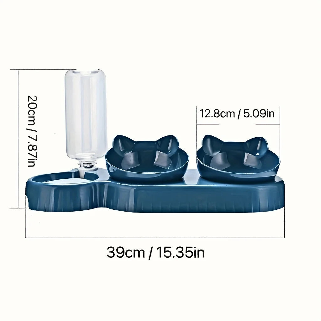 Pet bowls with water supply, 3-in-1 ear design, tilted cat water and food bowl set with gravity water bottle for neck protection