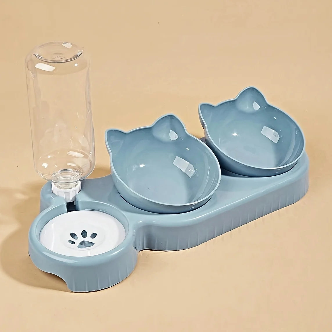 Pet bowls with water supply, 3-in-1 ear design, tilted cat water and food bowl set with gravity water bottle for neck protection