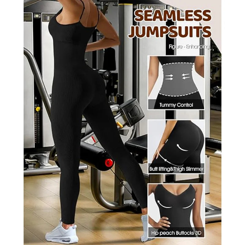 GUUDIA Adjustable Spaghetti Strap Yoga Jumpsuit Tummy Control Leggings Romper Seamless Jumpsuit Yoga Ribbed Bodycon One Piece