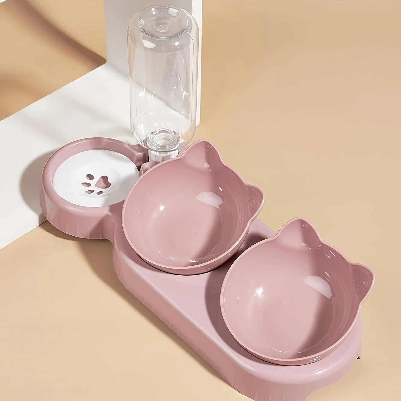 Pet bowls with water supply, 3-in-1 ear design, tilted cat water and food bowl set with gravity water bottle for neck protection