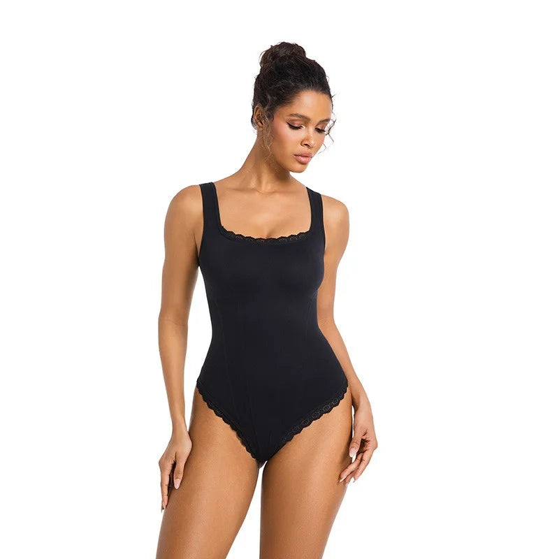 GUUDIA Tank Bodysuit Lace Square Neck Shapewear Bodysuit Tank Top Bodysuits Tummy Control Thong Cami Bodysuit Tops Wide Strap