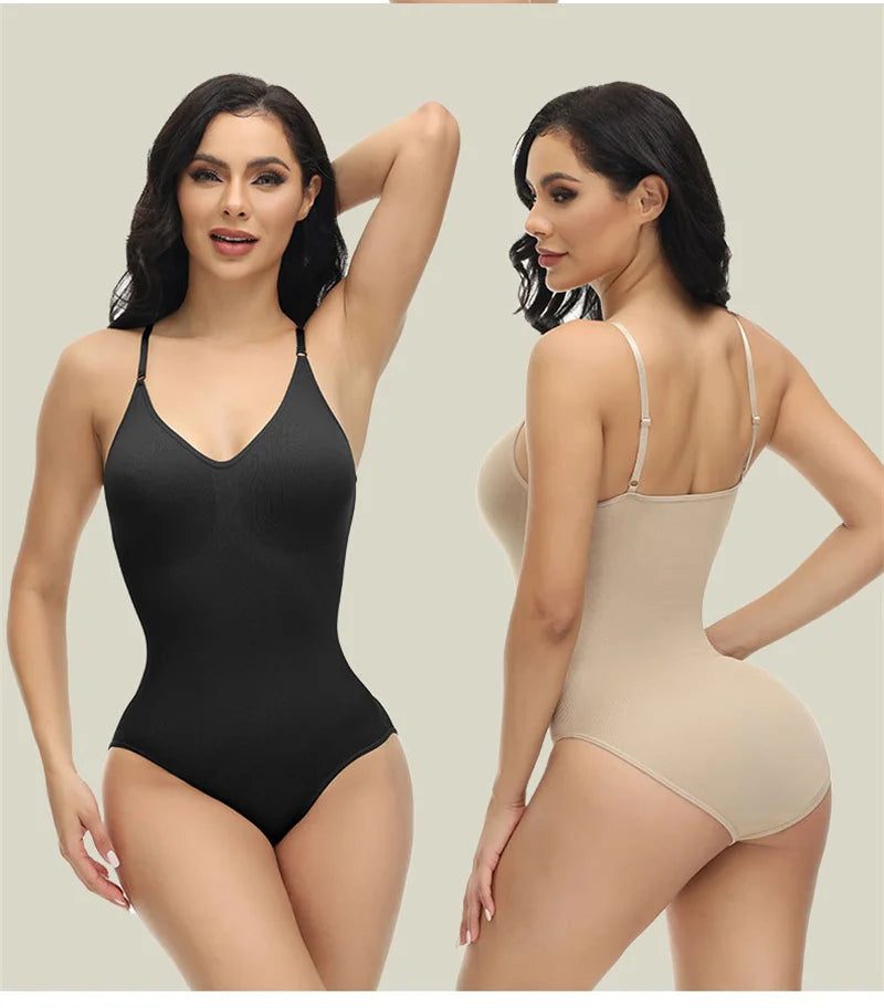 GUUDIA V Neck Spaghetti Strap Bodysuits Compression Body Suits Open Crotch Shapewear Slimming Body Shaper Smooth Out Bodysuit