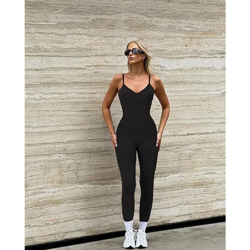 GUUDIA Adjustable Spaghetti Strap Yoga Jumpsuit Tummy Control Leggings Romper Seamless Jumpsuit Yoga Ribbed Bodycon One Piece