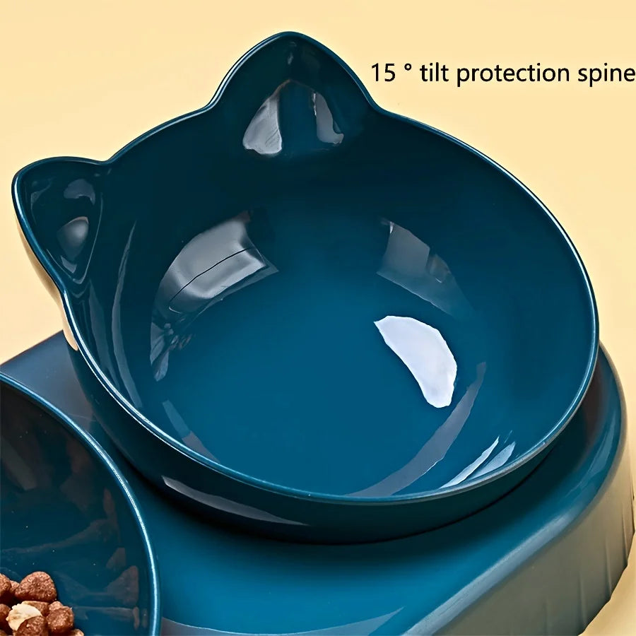 Pet bowls with water supply, 3-in-1 ear design, tilted cat water and food bowl set with gravity water bottle for neck protection