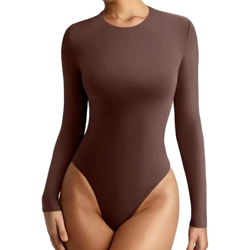 GUUDIA Long Sleeve Bodysuit Seamless Ribbed Tummy Control Bodysuit Crew Neck Basic Slim Fit Thong Shapewear Tops Fall Winter