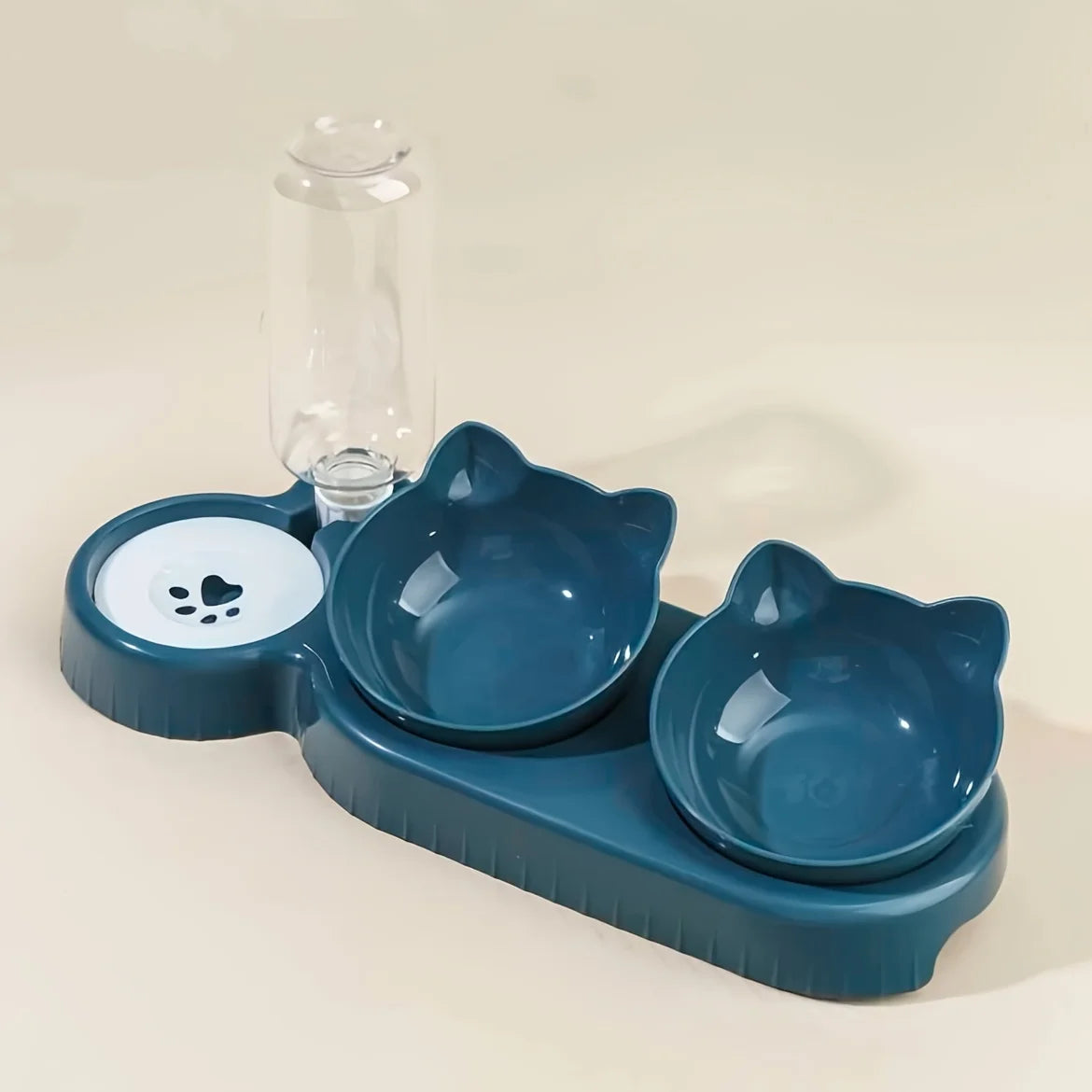 Pet bowls with water supply, 3-in-1 ear design, tilted cat water and food bowl set with gravity water bottle for neck protection