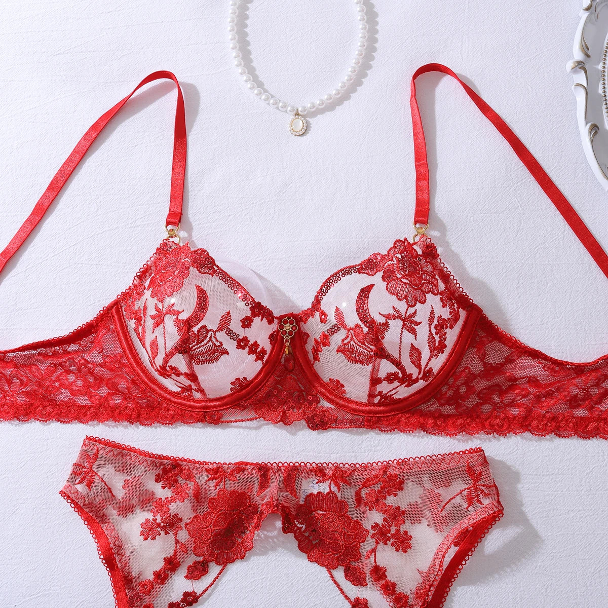 Ellolace Intimate Sexy Female Lingerie Sparkling Red Sequin Honey 5PC Set Charming Jewel Boudoir Women's Underwear Burning Hot