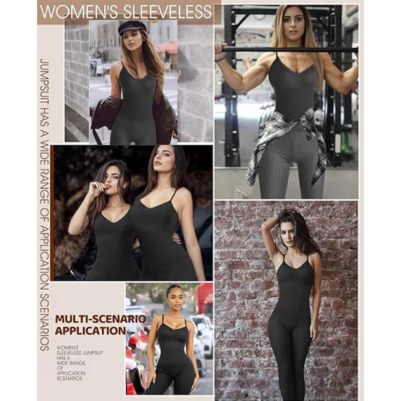GUUDIA Adjustable Spaghetti Strap Yoga Jumpsuit Tummy Control Leggings Romper Seamless Jumpsuit Yoga Ribbed Bodycon One Piece