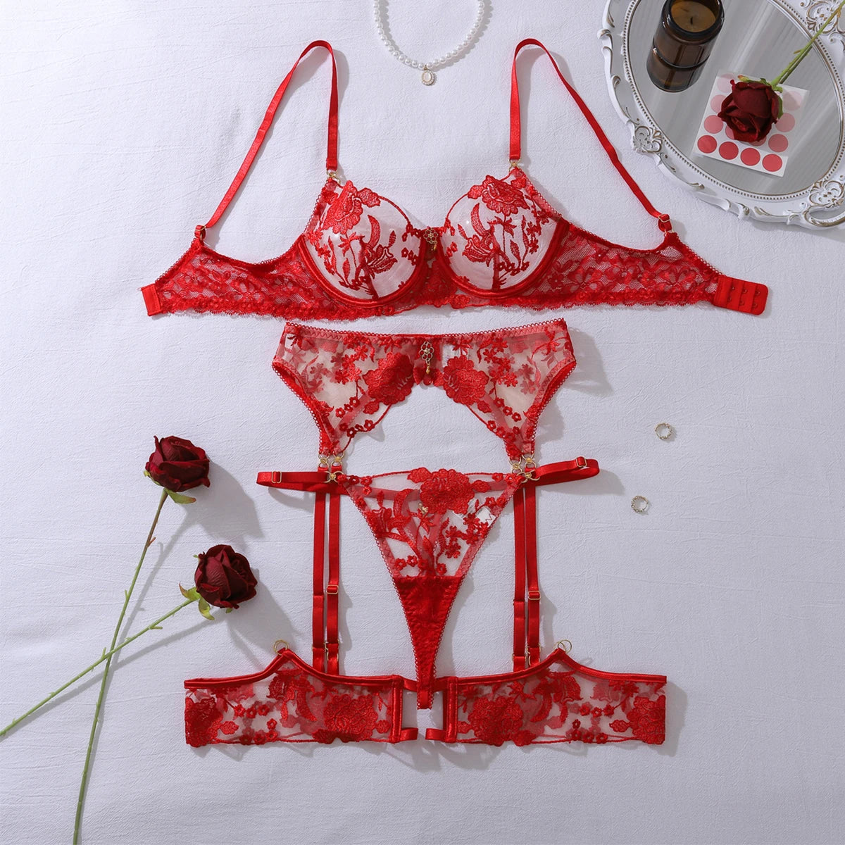 Ellolace Intimate Sexy Female Lingerie Sparkling Red Sequin Honey 5PC Set Charming Jewel Boudoir Women's Underwear Burning Hot