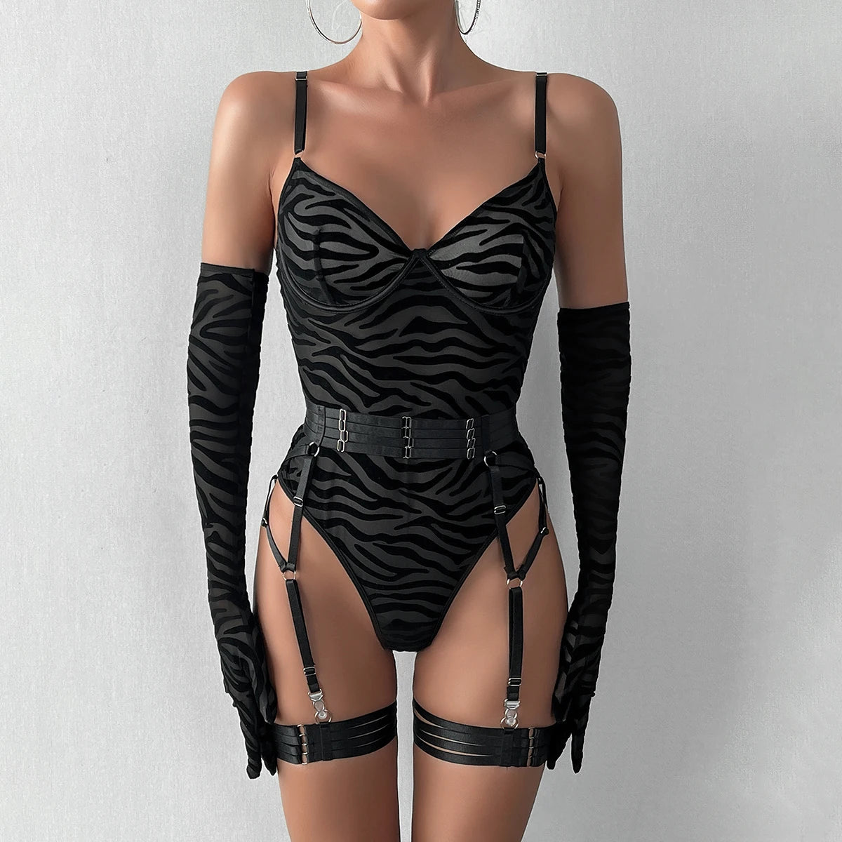 Ellolace Tight Fitting Lace Bodysuit Sexy See Through Erotic Body With Gloves Garter Night Club Outfit Sissy Crotchless Mesh Top