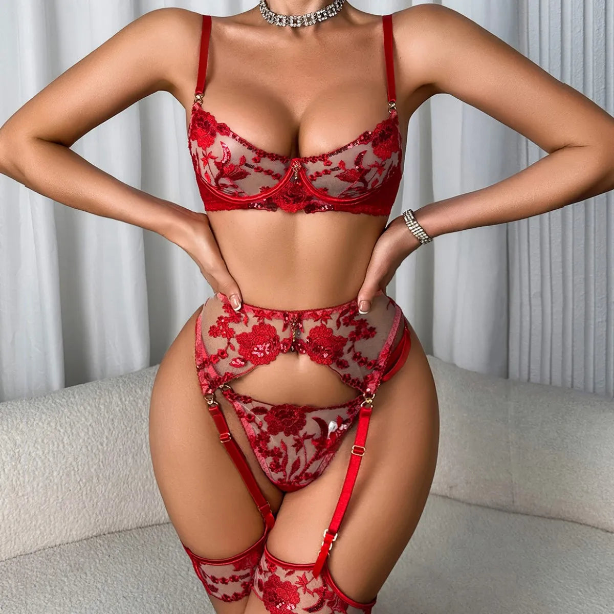 Ellolace Intimate Sexy Female Lingerie Sparkling Red Sequin Honey 5PC Set Charming Jewel Boudoir Women's Underwear Burning Hot