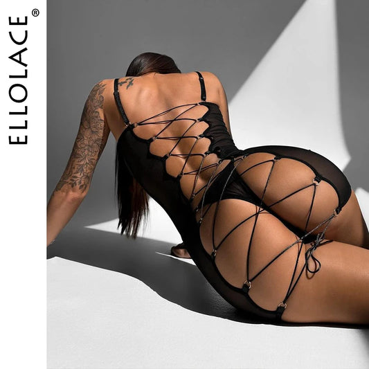 Ellolace Sexy Adult Baby Dolls Ladies Backless Cross Bandage Erotic Hot Sexy Clothes Transparent Sex Doll Night Dress Women