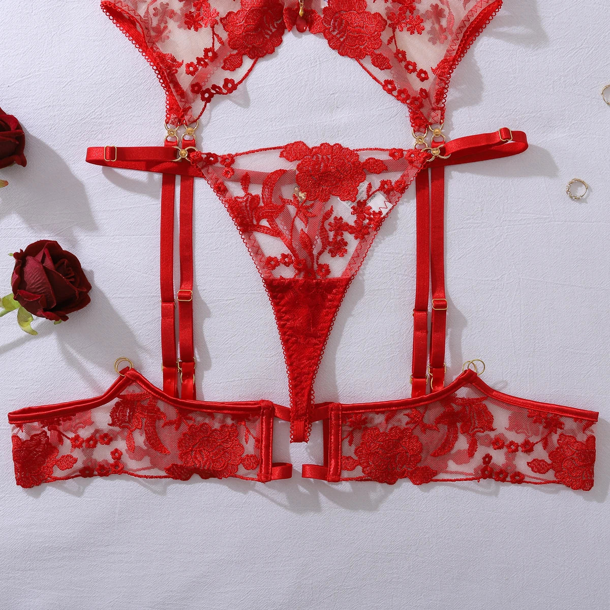Ellolace Intimate Sexy Female Lingerie Sparkling Red Sequin Honey 5PC Set Charming Jewel Boudoir Women's Underwear Burning Hot