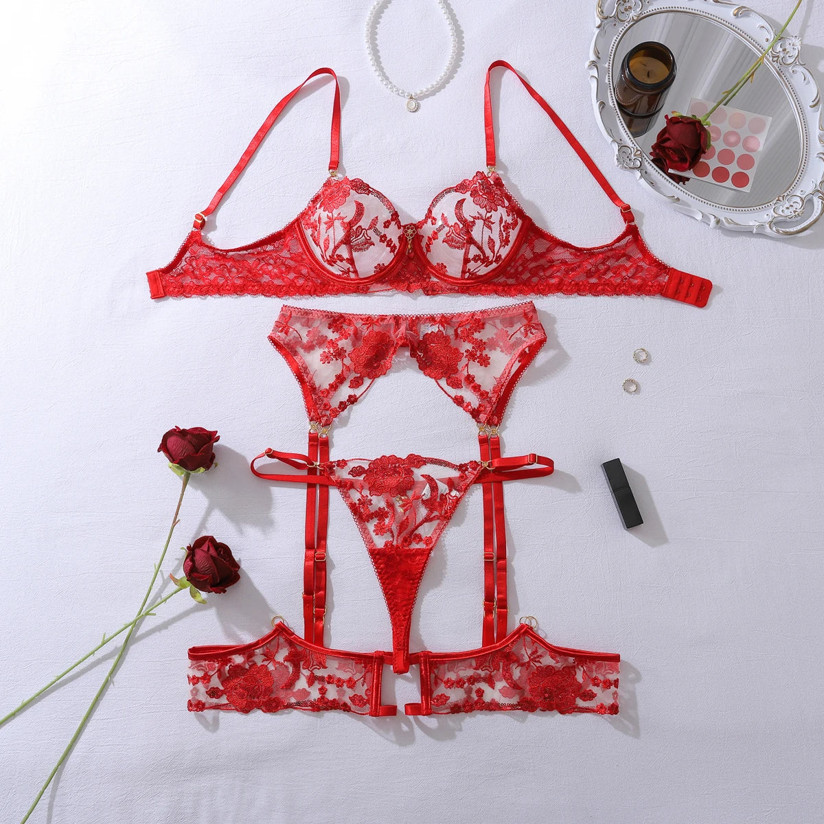 Ellolace Intimate Sexy Female Lingerie Sparkling Red Sequin Honey 5PC Set Charming Jewel Boudoir Women's Underwear Burning Hot