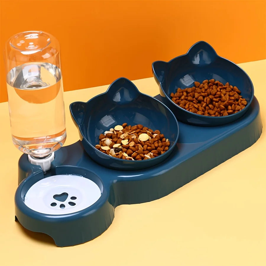 Pet bowls with water supply, 3-in-1 ear design, tilted cat water and food bowl set with gravity water bottle for neck protection
