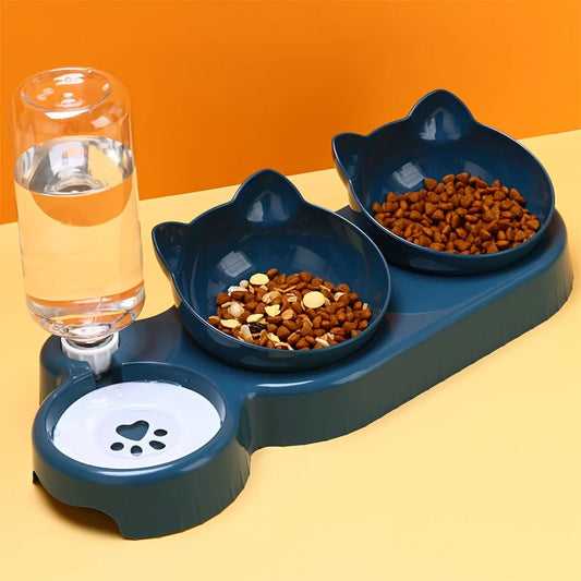 Pet bowls with water supply, 3-in-1 ear design, tilted cat water and food bowl set with gravity water bottle for neck protection