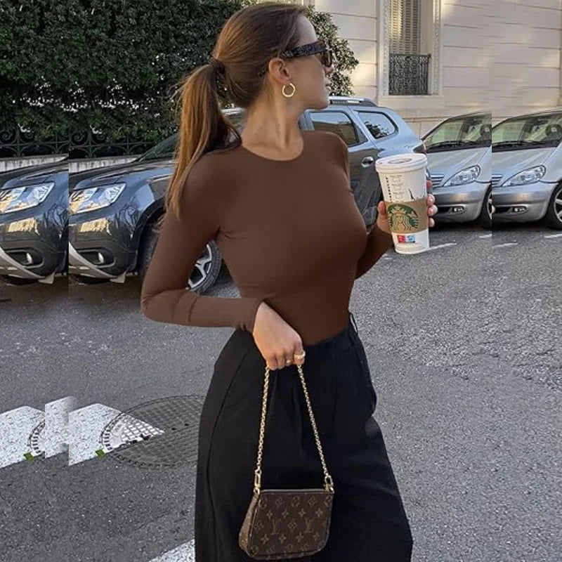 GUUDIA Long Sleeve Bodysuit Seamless Ribbed Tummy Control Bodysuit Crew Neck Basic Slim Fit Thong Shapewear Tops Fall Winter