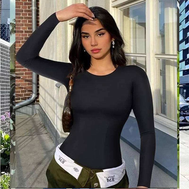GUUDIA Long Sleeve Bodysuit Seamless Ribbed Tummy Control Bodysuit Crew Neck Basic Slim Fit Thong Shapewear Tops Fall Winter