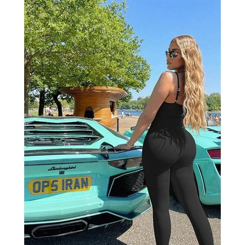 GUUDIA Adjustable Spaghetti Strap Yoga Jumpsuit Tummy Control Leggings Romper Seamless Jumpsuit Yoga Ribbed Bodycon One Piece