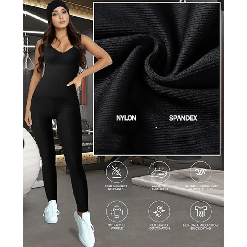 GUUDIA Adjustable Spaghetti Strap Yoga Jumpsuit Tummy Control Leggings Romper Seamless Jumpsuit Yoga Ribbed Bodycon One Piece