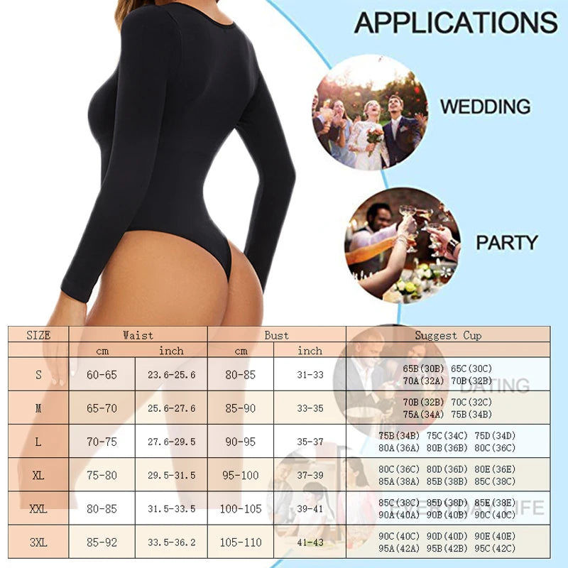 GUUDIA Long Sleeve Bodysuit Seamless Ribbed Tummy Control Bodysuit Crew Neck Basic Slim Fit Thong Shapewear Tops Fall Winter