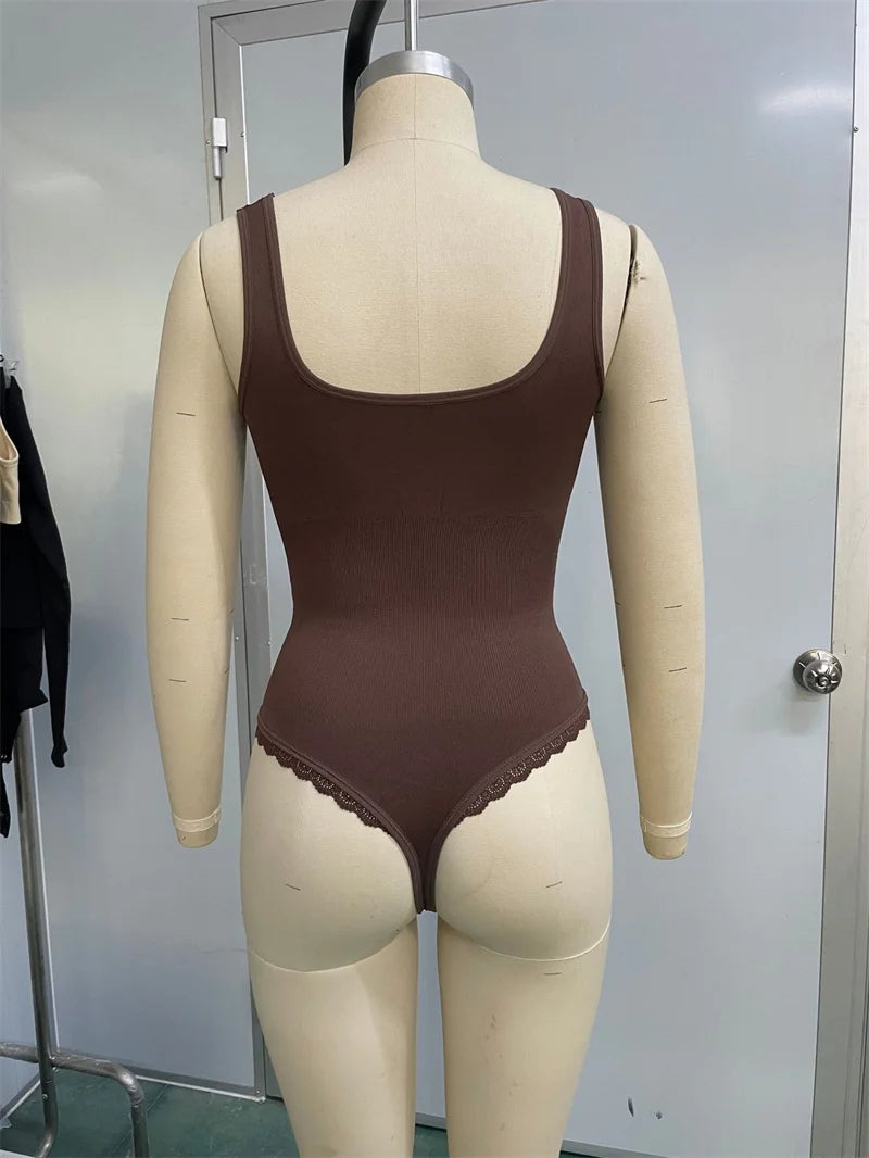 GUUDIA Tank Bodysuit Lace Square Neck Shapewear Bodysuit Tank Top Bodysuits Tummy Control Thong Cami Bodysuit Tops Wide Strap