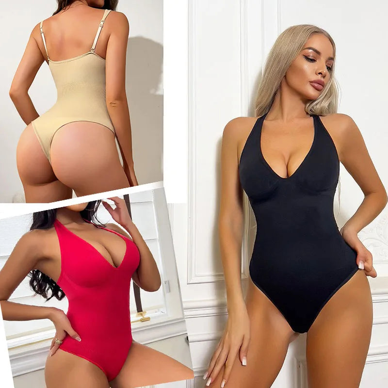 GUUDIA Sexy V Neck Bodysuit Thong Tummy Control Bodysuit Seamless Ribbed Bodysuit 2 Shoulder Straps Basic Tank Top Bodysuits