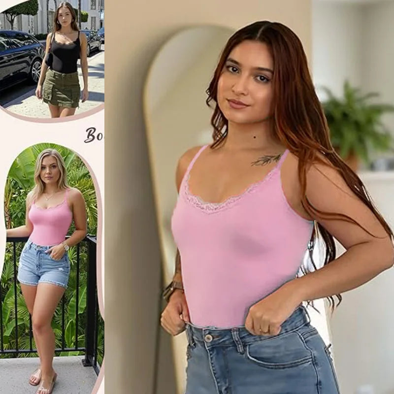 Guudia Lace Bodysuit Lace Tank Bodysuit Snap Button Crotch Spaghetti Strap Tank Top Camisole Cute Sleeveless V Neck Cami Top