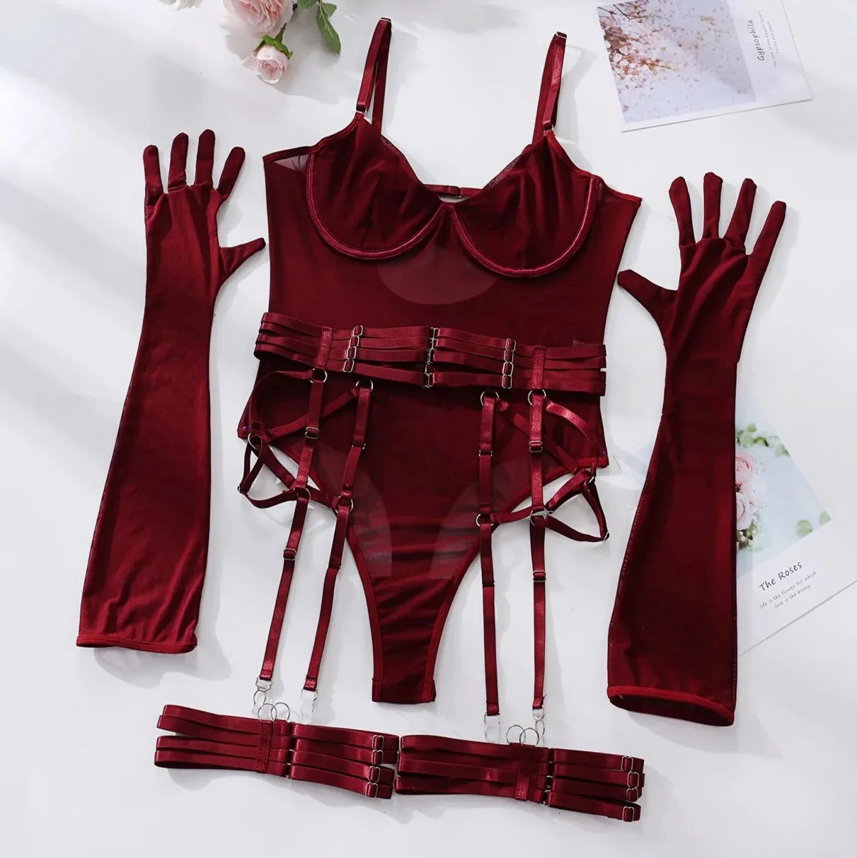 Ellolace Tight Fitting Lace Bodysuit Sexy See Through Erotic Body With Gloves Garter Night Club Outfit Sissy Crotchless Mesh Top