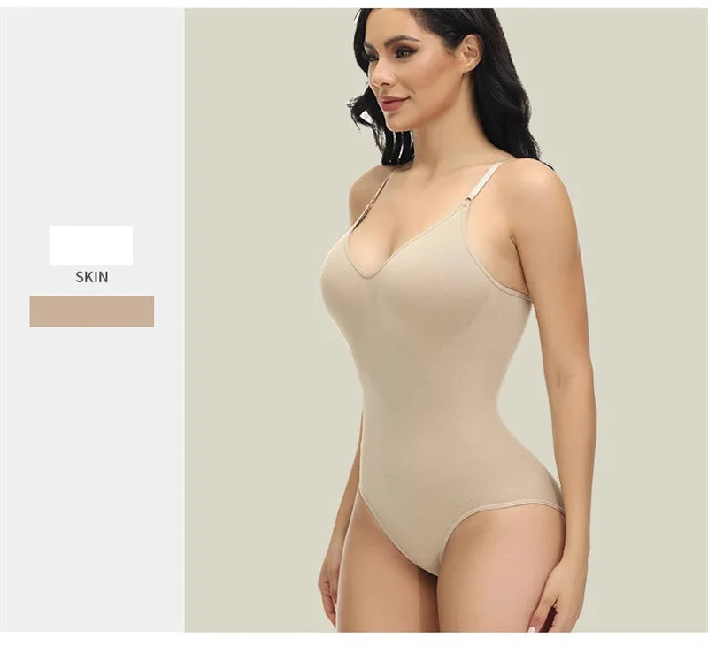 GUUDIA V Neck Spaghetti Strap Bodysuits Compression Body Suits Open Crotch Shapewear Slimming Body Shaper Smooth Out Bodysuit