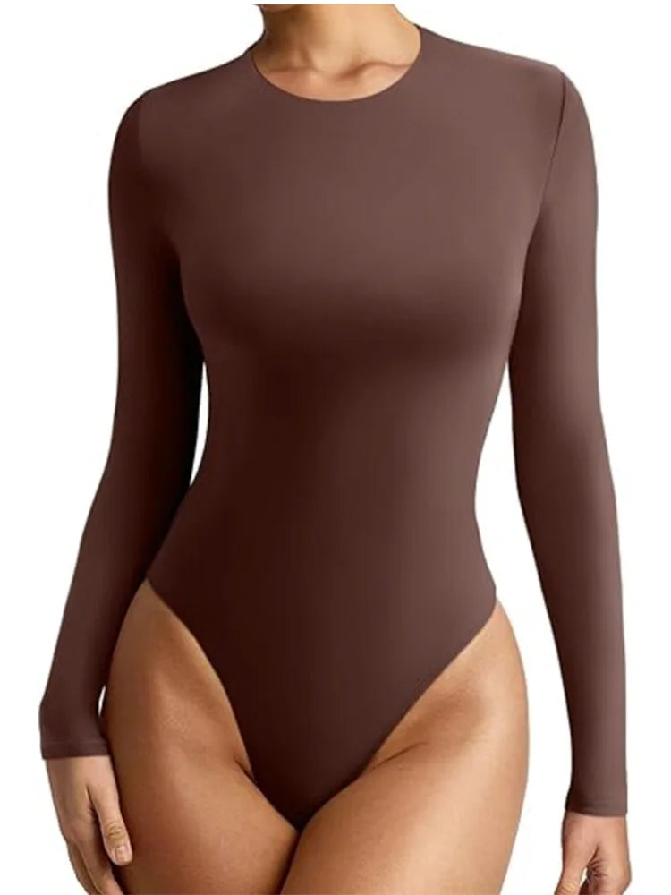 GUUDIA Long Sleeve Bodysuit Seamless Ribbed Tummy Control Bodysuit Crew Neck Basic Slim Fit Thong Shapewear Tops Fall Winter