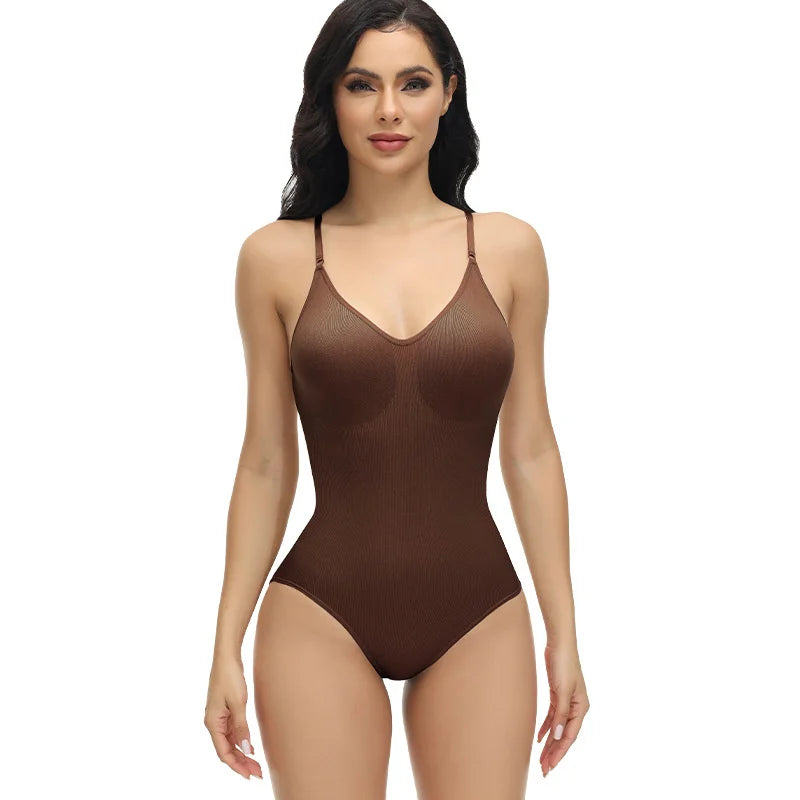 GUUDIA V Neck Spaghetti Strap Bodysuits Compression Body Suits Open Crotch Shapewear Slimming Body Shaper Smooth Out Bodysuit