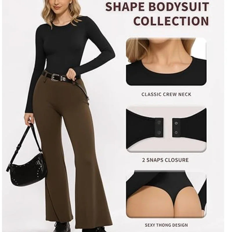 GUUDIA Long Sleeve Bodysuit Seamless Ribbed Tummy Control Bodysuit Crew Neck Basic Slim Fit Thong Shapewear Tops Fall Winter