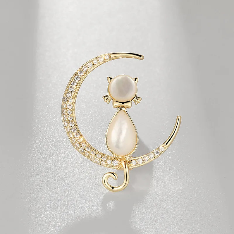 Unique Designer Moon Cat Brooches For Women Animal Rhinestone Brooch Pins Jewelry  Clothes Accessories Party Gifts