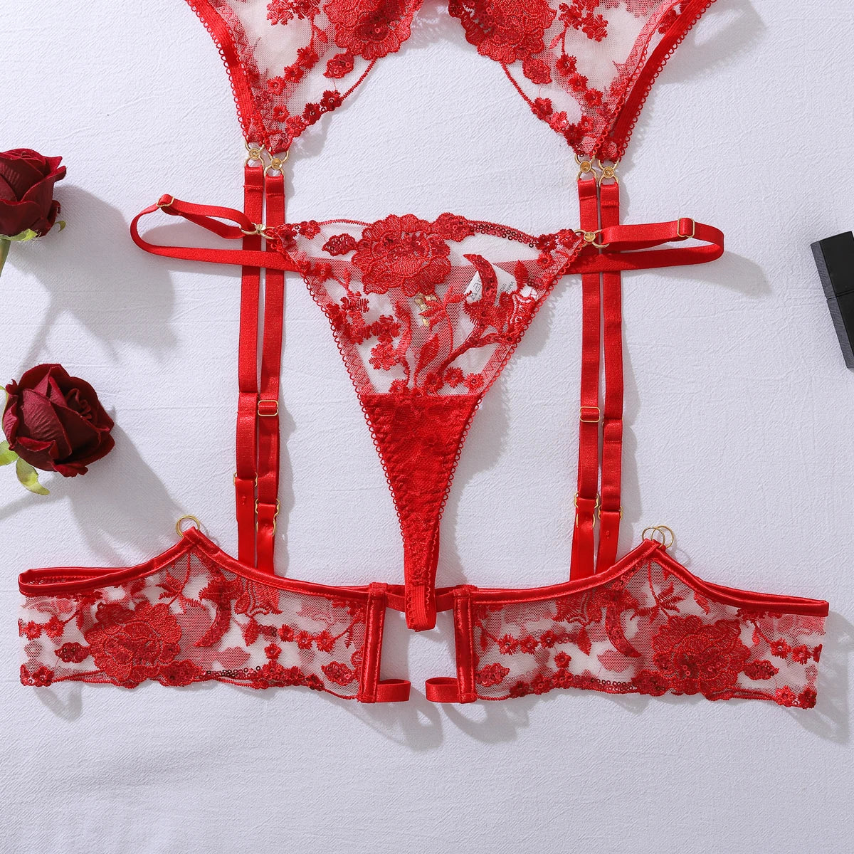 Ellolace Intimate Sexy Female Lingerie Sparkling Red Sequin Honey 5PC Set Charming Jewel Boudoir Women's Underwear Burning Hot