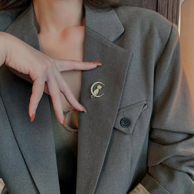 Unique Designer Moon Cat Brooches For Women Animal Rhinestone Brooch Pins Jewelry  Clothes Accessories Party Gifts
