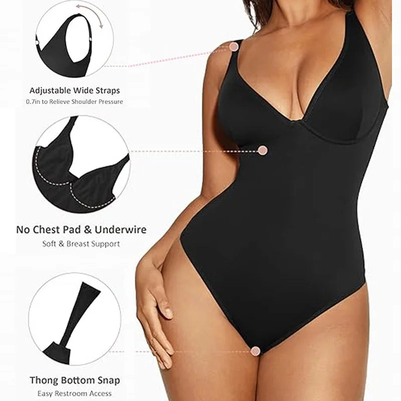 GUUDIA Sexy V Neck Bodysuit Thong Tummy Control Bodysuit Seamless Ribbed Bodysuit 2 Shoulder Straps Basic Tank Top Bodysuits