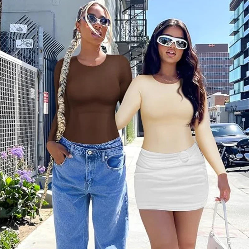 GUUDIA Long Sleeve Bodysuit Seamless Ribbed Tummy Control Bodysuit Crew Neck Basic Slim Fit Thong Shapewear Tops Fall Winter
