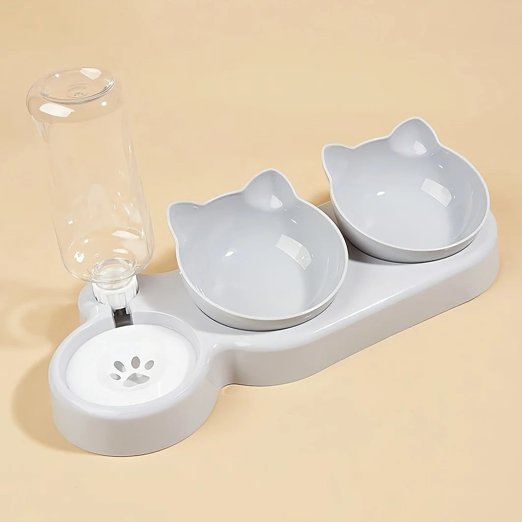Pet bowls with water supply, 3-in-1 ear design, tilted cat water and food bowl set with gravity water bottle for neck protection