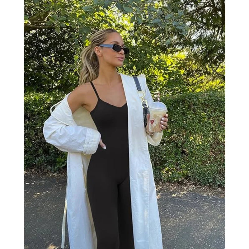GUUDIA Adjustable Spaghetti Strap Yoga Jumpsuit Tummy Control Leggings Romper Seamless Jumpsuit Yoga Ribbed Bodycon One Piece