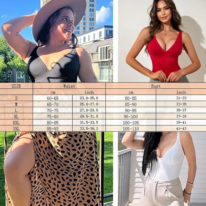 GUUDIA Sexy V Neck Bodysuit Thong Tummy Control Bodysuit Seamless Ribbed Bodysuit 2 Shoulder Straps Basic Tank Top Bodysuits