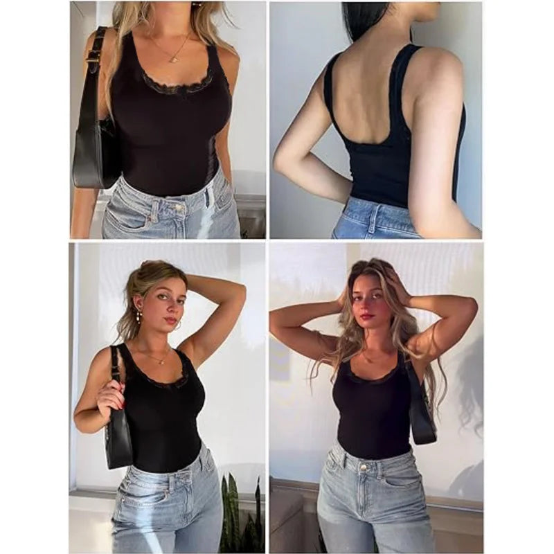 GUUDIA Tank Bodysuit Lace Square Neck Shapewear Bodysuit Tank Top Bodysuits Tummy Control Thong Cami Bodysuit Tops Wide Strap