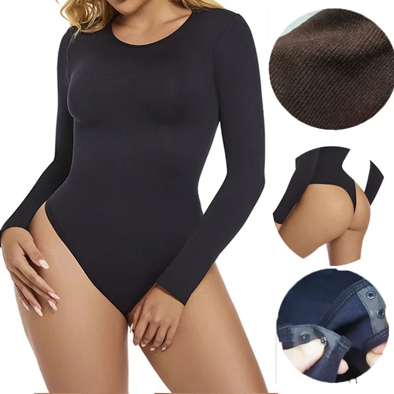GUUDIA Long Sleeve Bodysuit Seamless Ribbed Tummy Control Bodysuit Crew Neck Basic Slim Fit Thong Shapewear Tops Fall Winter