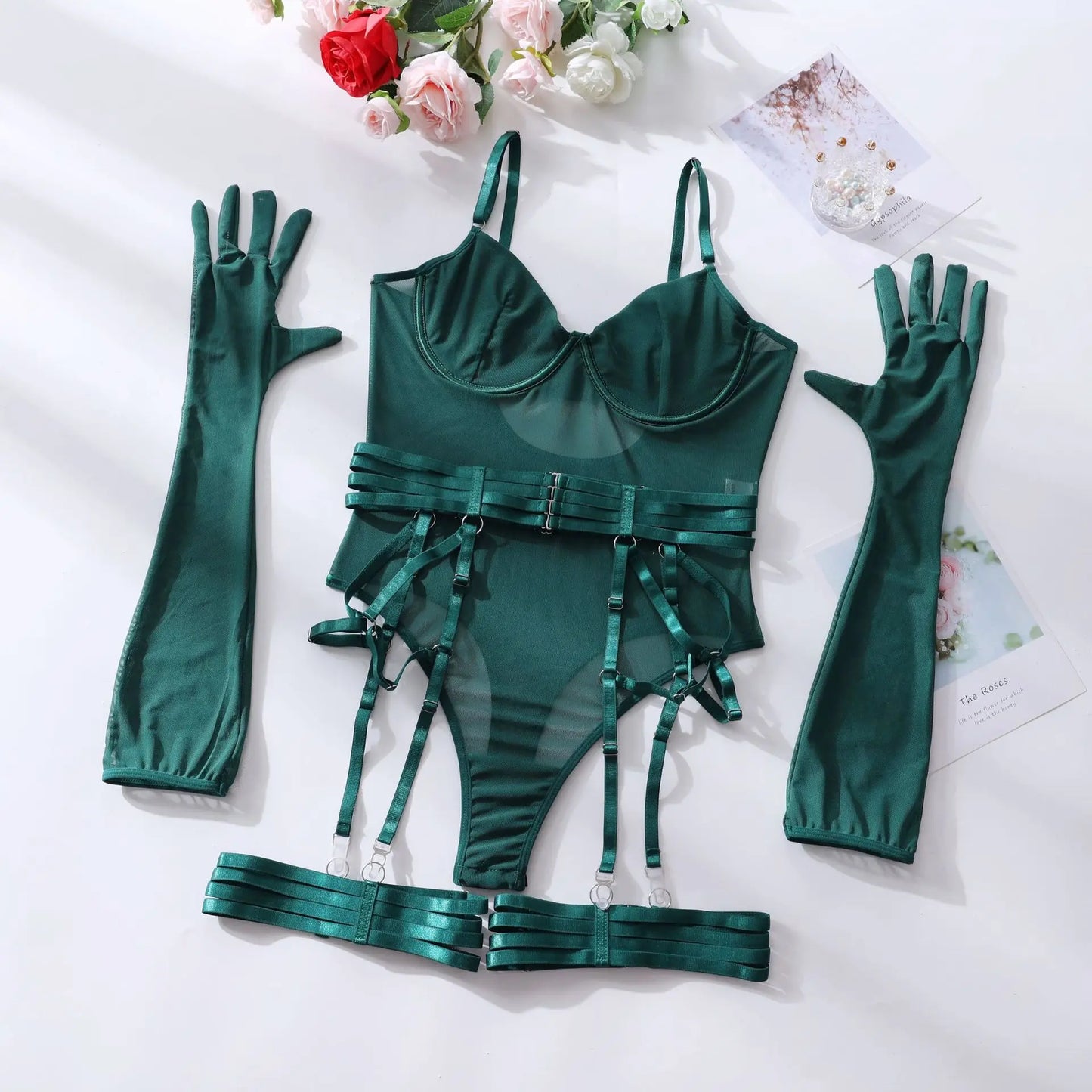 Ellolace Tight Fitting Lace Bodysuit Sexy See Through Erotic Body With Gloves Garter Night Club Outfit Sissy Crotchless Mesh Top