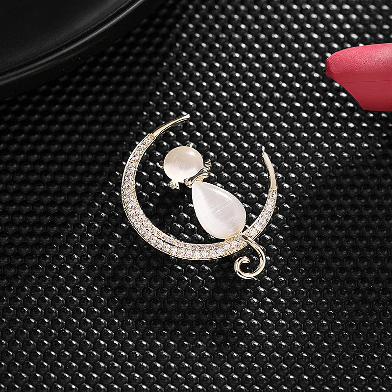 Unique Designer Moon Cat Brooches For Women Animal Rhinestone Brooch Pins Jewelry  Clothes Accessories Party Gifts
