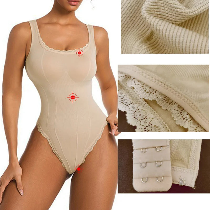 GUUDIA Tank Bodysuit Lace Square Neck Shapewear Bodysuit Tank Top Bodysuits Tummy Control Thong Cami Bodysuit Tops Wide Strap