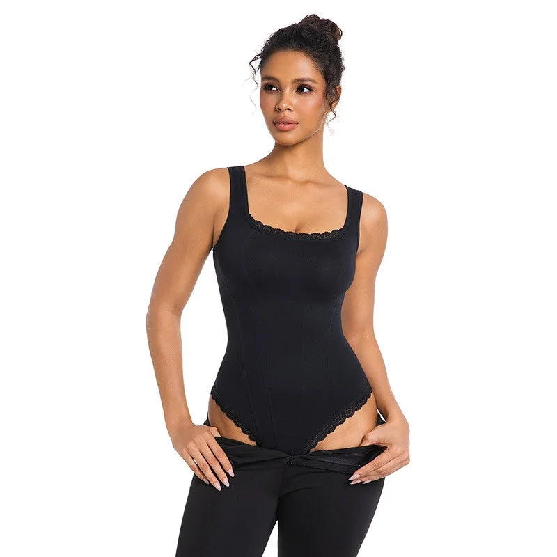GUUDIA Tank Bodysuit Lace Square Neck Shapewear Bodysuit Tank Top Bodysuits Tummy Control Thong Cami Bodysuit Tops Wide Strap