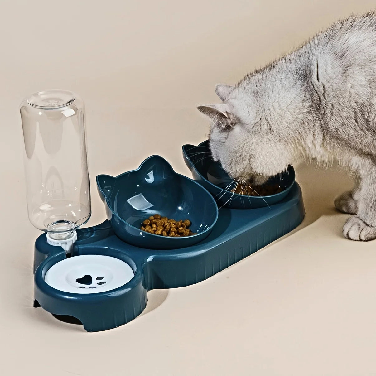 Pet bowls with water supply, 3-in-1 ear design, tilted cat water and food bowl set with gravity water bottle for neck protection