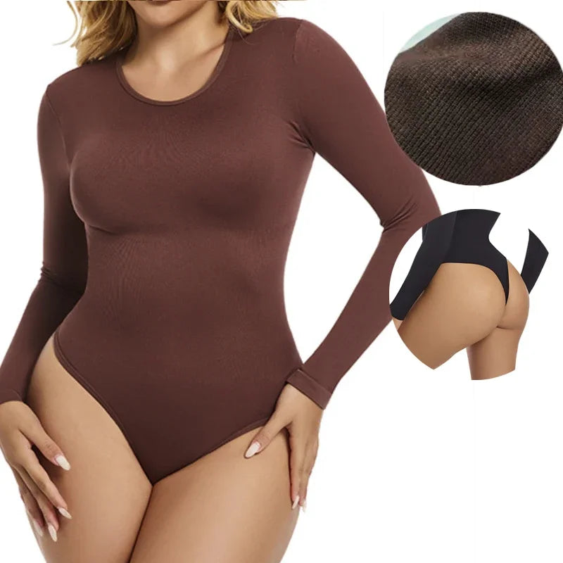 GUUDIA Long Sleeve Bodysuit Seamless Ribbed Tummy Control Bodysuit Crew Neck Basic Slim Fit Thong Shapewear Tops Fall Winter